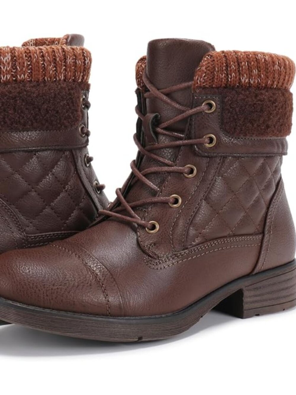 Ⓜ️Women's Brown Faux Leather Round Toe Block Heel Lace up Ankle Combat Boots